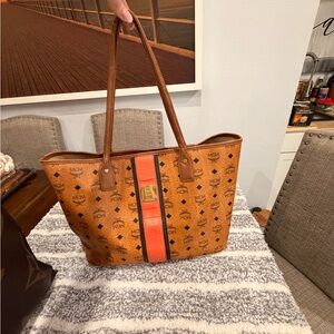SOLD. MCM Brown Tote with Orange Stripe